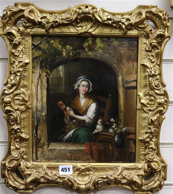 19th century Flemish School, oil on canvas, Woman sewing at a window, 29 x 24cm